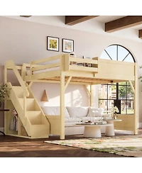 Streamdale Furniture Queen Size Solid Wood Loft Bed with Wardrobe, Storage, and Stairs
