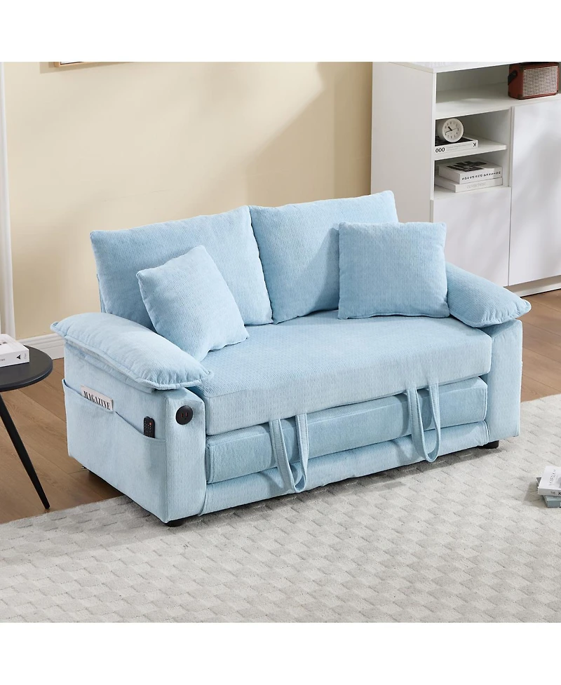 Streamdale Furniture 58 inch 3-in-1 Convertible Upholstered Futon Sofa Bed with Side Pockets
