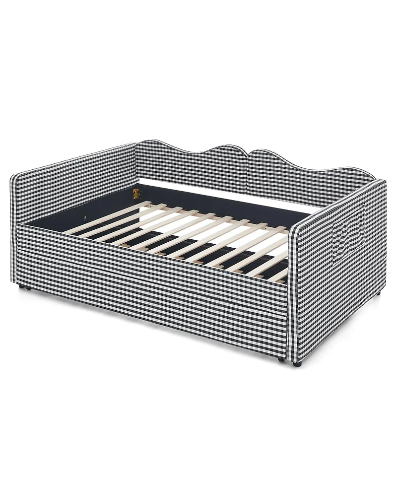 Streamdale Furniture Gingham Upholstered Full-Size Daybed with Trundle and Side Storage Pocket