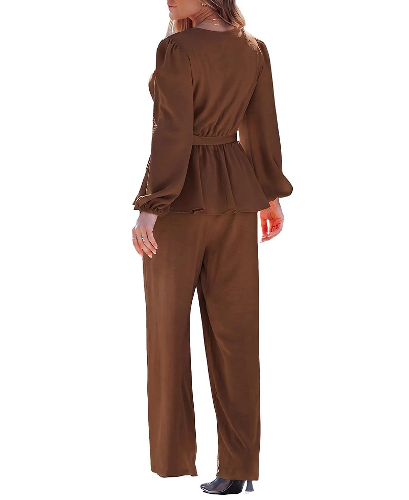 Cupshe Women's Elegant V-Neck Top and Wide-Leg Pants Matching Set
