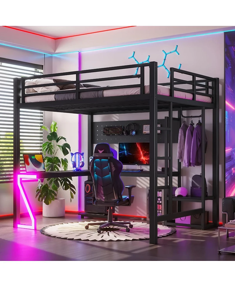 Streamdale Furniture Full Loft Bed with L-Shaped Desk, Usb Ports, and Gaming Lights