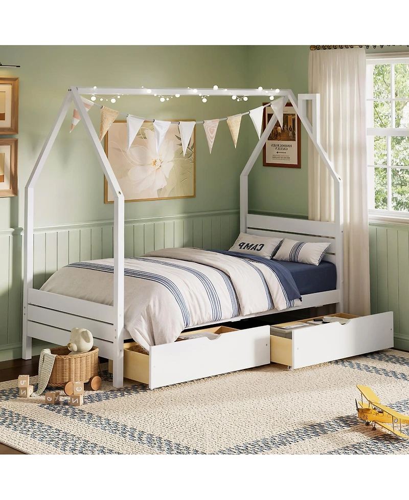 Streamdale Furniture Montessori House Twin Bed Frame with 2 Storage Drawers