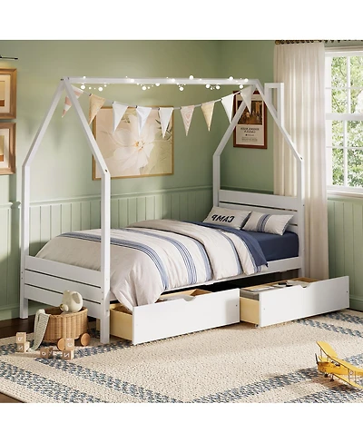 Streamdale Furniture Montessori House Twin Bed Frame with 2 Storage Drawers