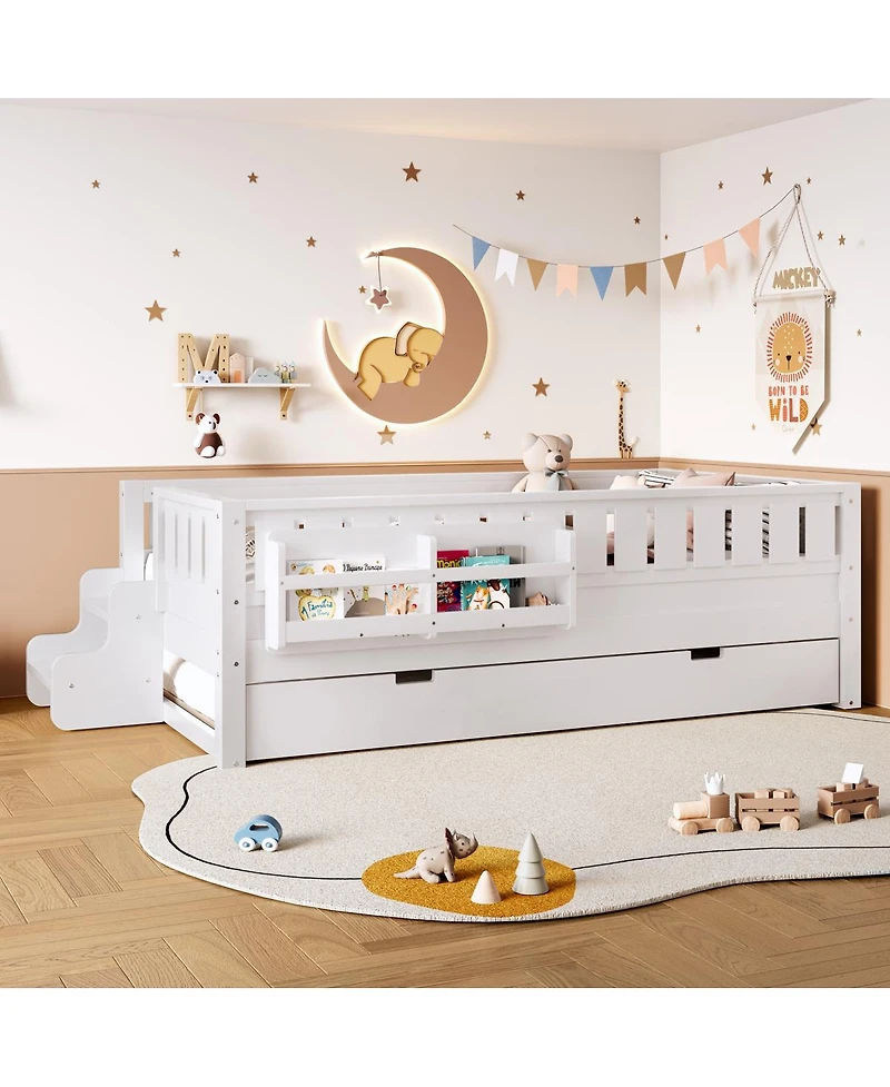Streamdale Furniture Twin Bed with Bookshelves, Staircase, Safety Rails, and Trundle