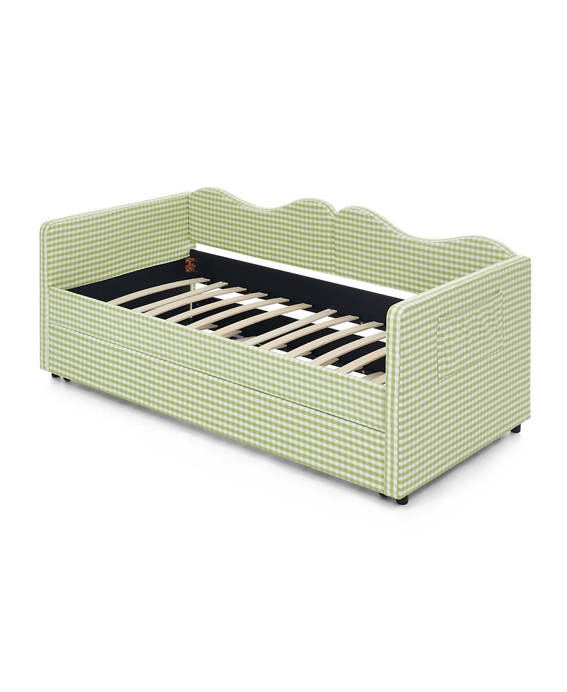 Streamdale Furniture Gingham Upholstered Twin Daybed with Trundle and Side Storage Pocket