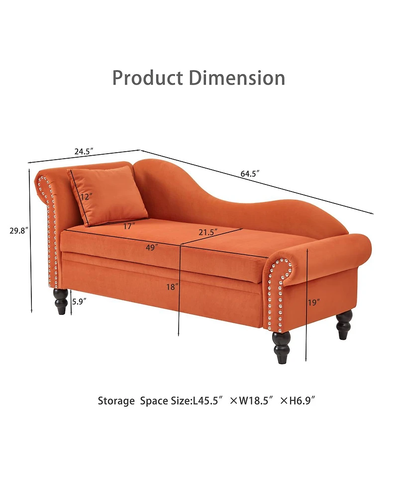 Streamdale Furniture 64.5'' Modern Velvet Storage Chaise Lounge with Lumbar Pillow