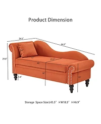 Streamdale Furniture 64.5'' Modern Velvet Storage Chaise Lounge with Lumbar Pillow