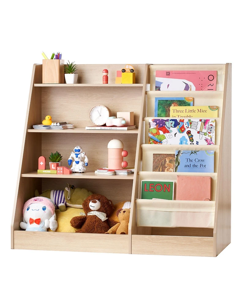flynama 4-Tier Wooden Kids Bookshelf with Sling Book Rack for Playroom