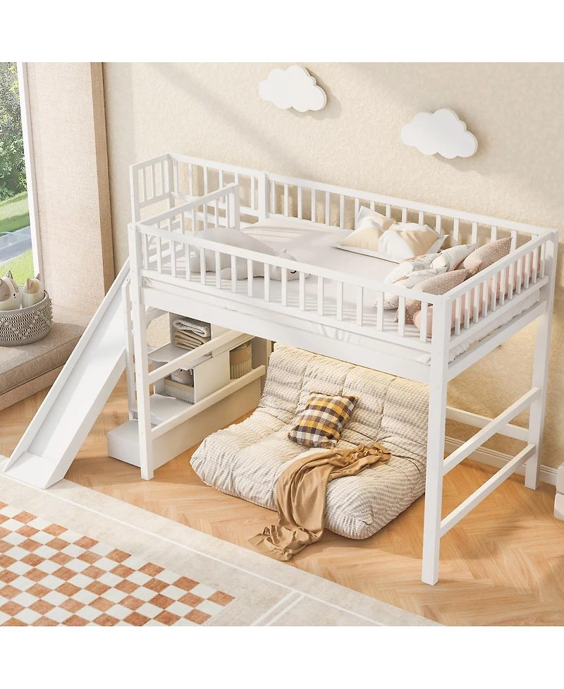 Streamdale Furniture Full Size Loft Bed with Storage Staircase, Slide and Led Light