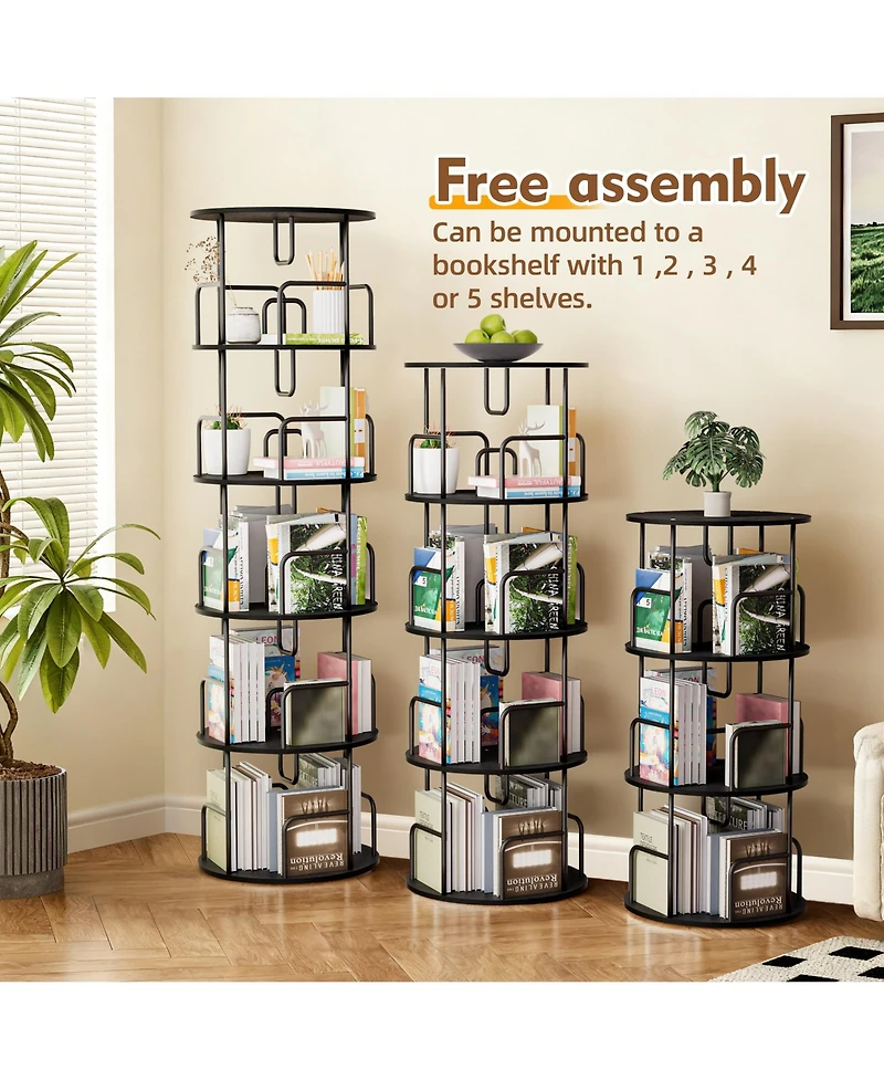 flynama 5-Tier 360 Degree Rotating Bookshelf Tower Stable Metal Frame Vertical Round Home Bedroom Storage Rack