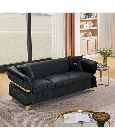 Streamdale Furniture 83.5" Modern Velvet 3-Seater Sofa with Gold Trim and 2 Pillows