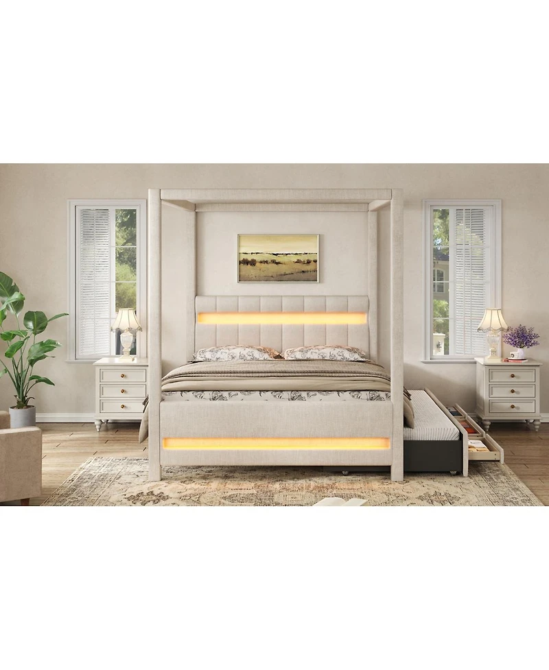 Streamdale Furniture Queen Upholstered Canopy Platform Bed with Led Lights, Trundle and 3 Drawers