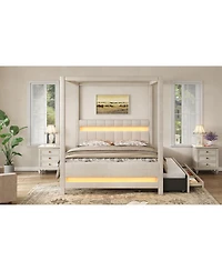 Streamdale Furniture Queen Upholstered Canopy Platform Bed with Led Lights, Trundle and 3 Drawers