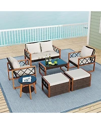 Sugift 7-Piece Pe Wicker Outdoor Sofa Set with Ottomans and Acacia Wood Accents