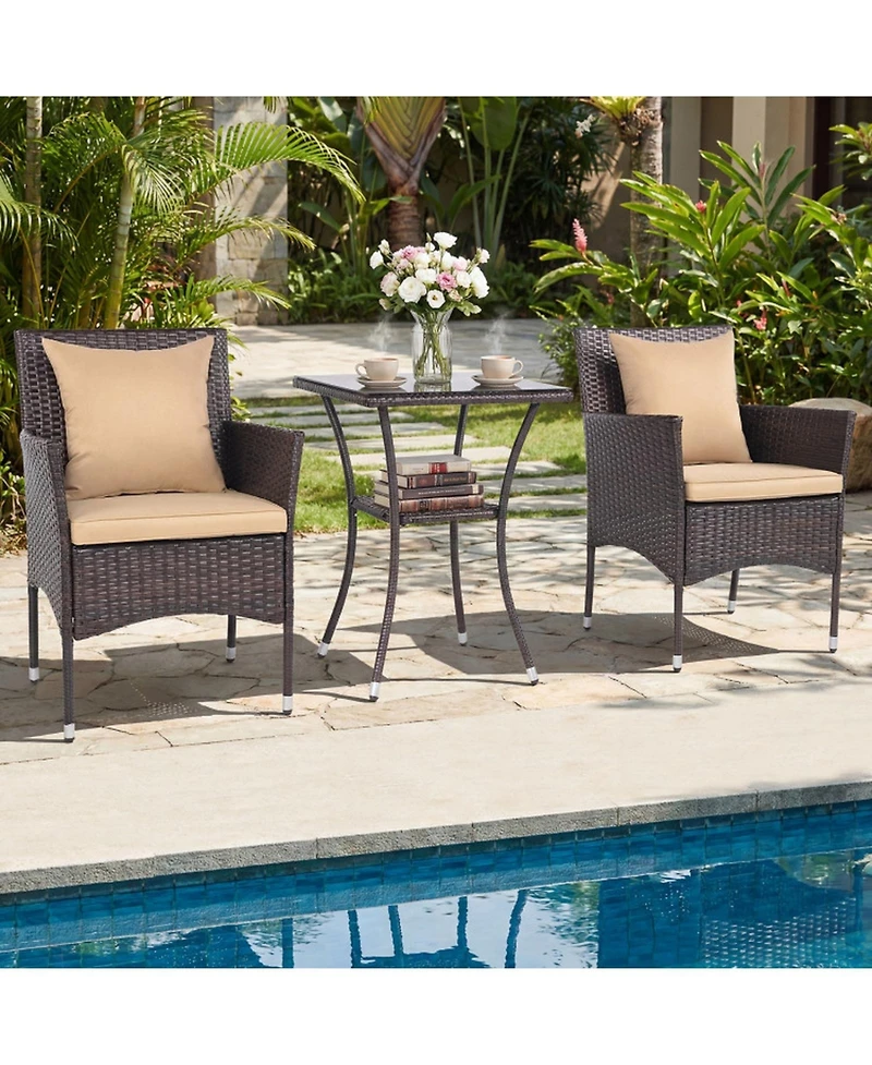 Sugift 3-Piece Wicker Bistro Set with Tall 2-Tier Tempered Glass Table
