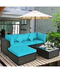 Sugift 5 Piece Outdoor Patio Rattan Sectional Conversation Furniture Set with Cushions