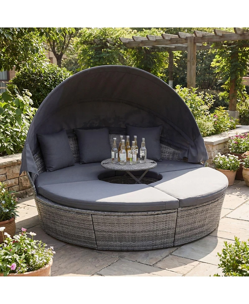 Sugift Outdoor Pe Wicker Round Daybed with Retractable Canopy Cushions and Lift Table