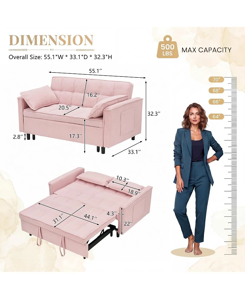Streamdale Furniture Corduroy Modular Sleeper Sofa with Pull Out Bed
