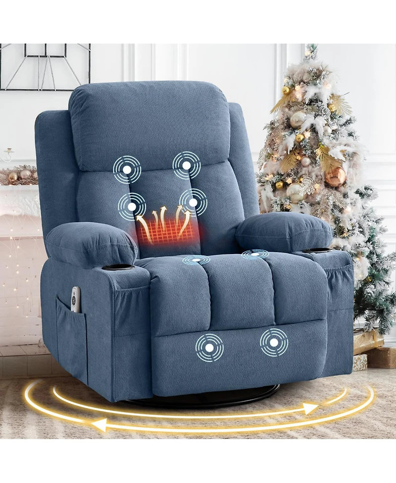 Streamdale Furniture Swivel Rocker Recliner with Massage, Heat, Usb Port, and Cup Holders