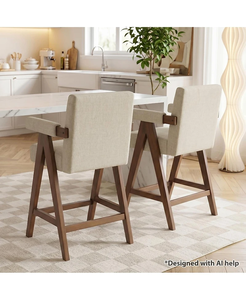 Maison Boucle Set of 2 Upholstered Counter Height Bar Stools with Arms, Polyester Blend, Solid Wood Frame
