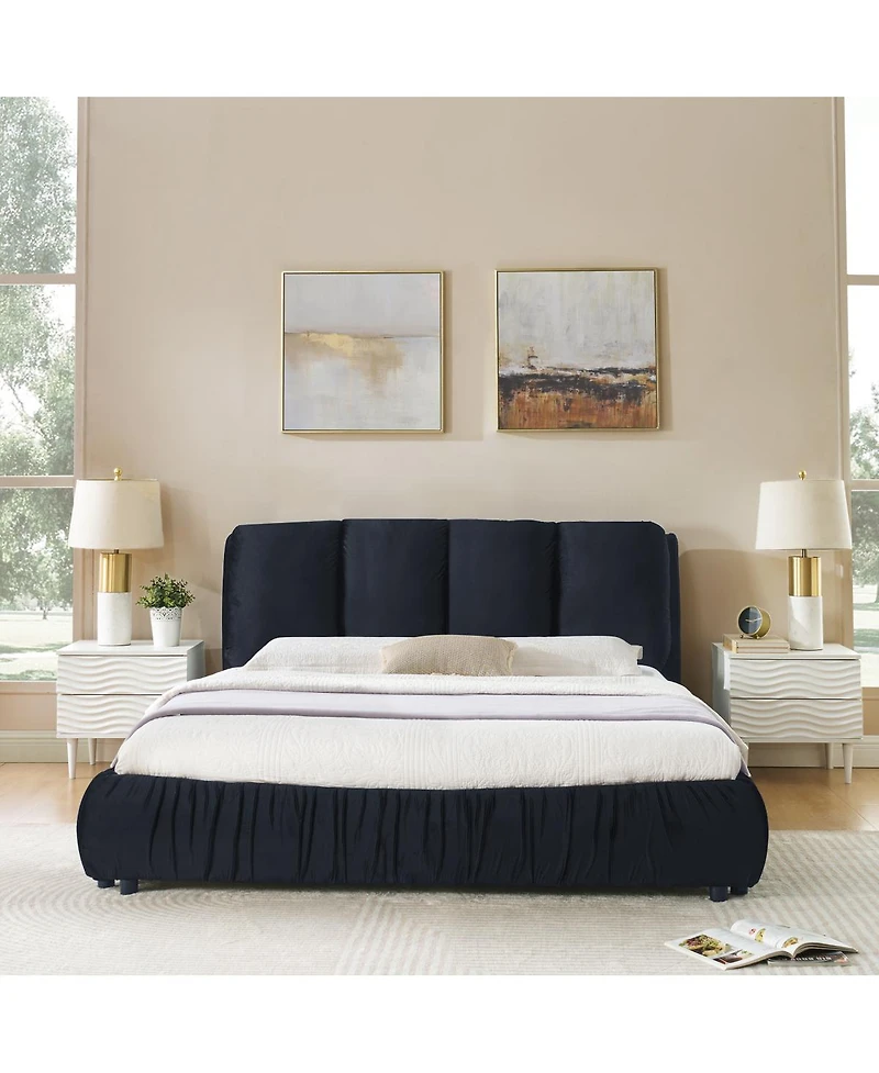 Streamdale Furniture Queen Size Upholstered Bed Frame with Segmented Velvet Headboard