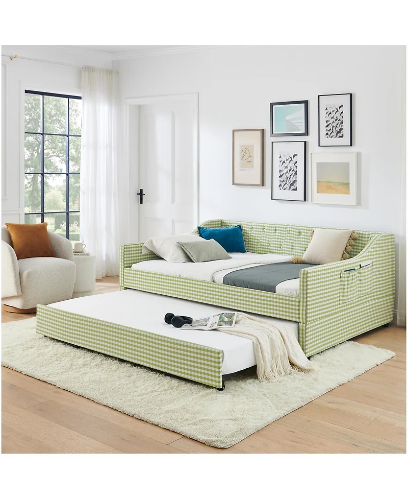 Streamdale Furniture Upholstered Full-Size Convertible Daybed with Trundle and Side Storage