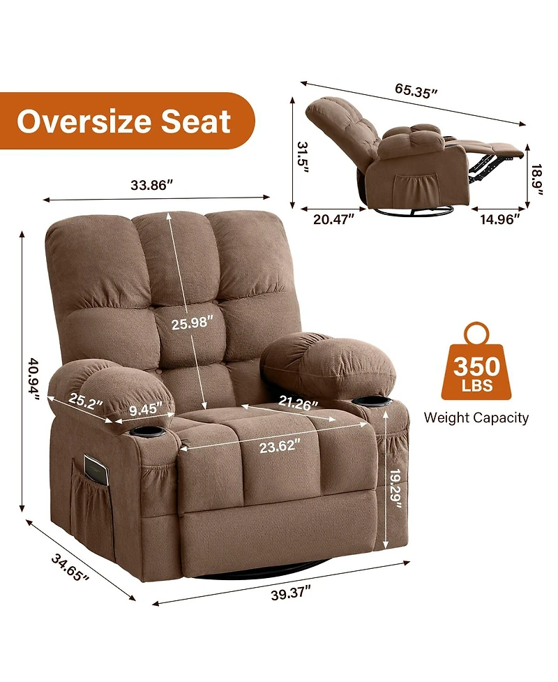 Streamdale Furniture Oversized Swivel Massage Recliner with Heat, Usb Port, and Cup Holder
