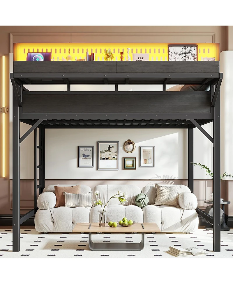 Streamdale Furniture Full Loft Bed with Storage, Pegboard, Usb Ports, and Led Lights