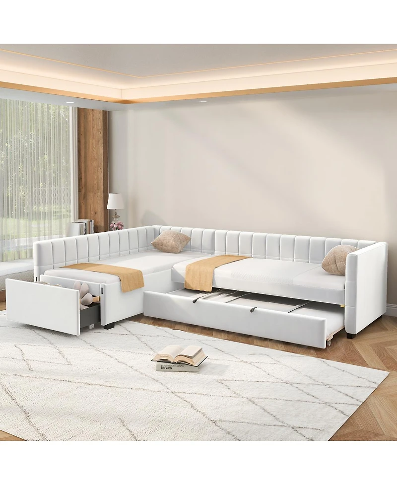 Streamdale Furniture L-Shaped Upholstered Twin Daybed with Trundle and Drawer