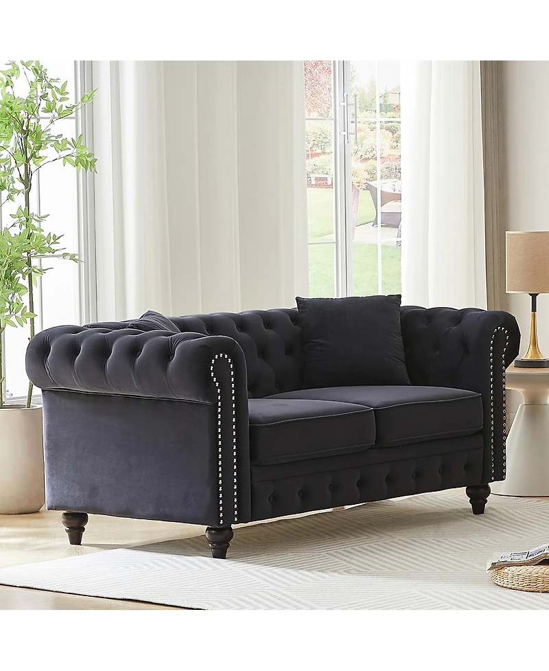 Streamdale Furniture 63.5" Modern Velvet Chesterfield Sofa with Button Tufting and 2 Pillows