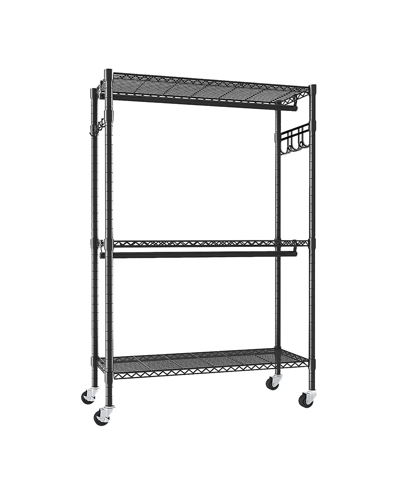 Streamdale Furniture Heavy Duty 3-Tier Rolling Garment Rack with Double Rods and Side Hooks