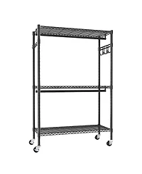Streamdale Furniture Heavy Duty 3-Tier Rolling Garment Rack with Double Rods and Side Hooks