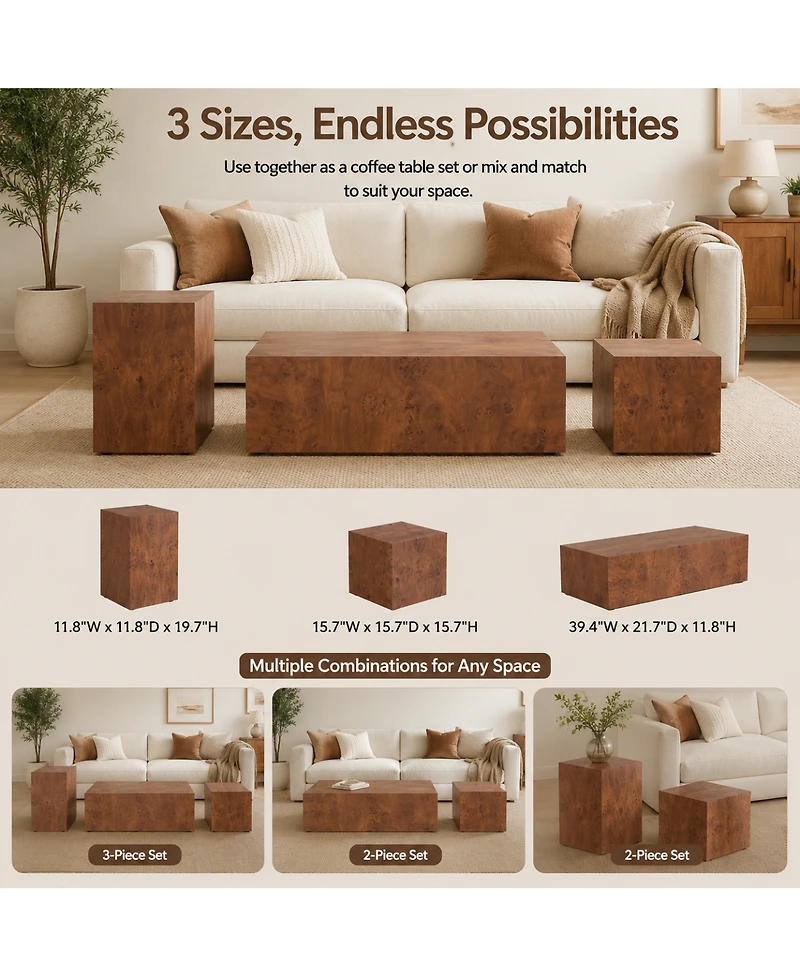 Streamdale Furniture Premium Burl Walnut Veneer Adjustable Cube Side Table, 11.8" x 11.8" x 19.7