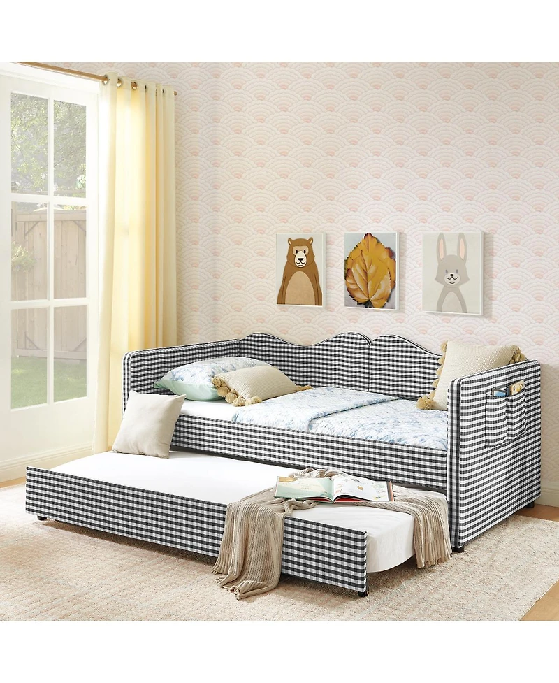 Streamdale Furniture Gingham Upholstered Twin Daybed with Trundle and Side Storage Pocket