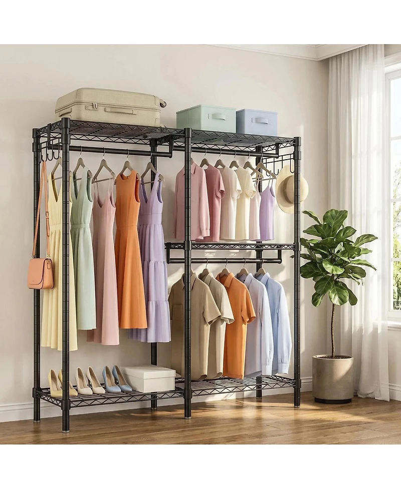 Streamdale Furniture L-Shaped Heavy Duty Corner Garment Rack with 3 Hanging Rods and 2 Hooks