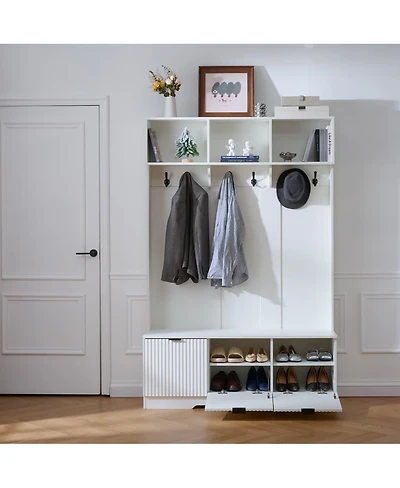 Streamdale Furniture 5-in-1 Farmhouse Hall Tree with Bench, Shoe Storage and 3 Cabinets