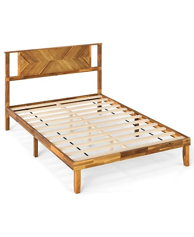 Sugift Full Size Bed Frame Mid-Century Acacia Wood Platform Bed with Headboard