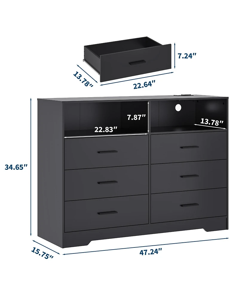 gaomon 6 Drawer Wooden Dressers for Bedroom with Charging Station and Open Shelf, 47" Wide White Dresser, Wood Chest of Drawers Deep