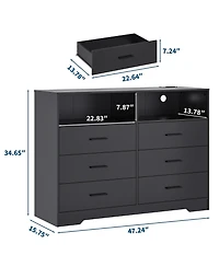 gaomon 6 Drawer Wooden Dressers for Bedroom with Charging Station and Open Shelf, 47" Wide White Dresser, Wood Chest of Drawers Deep