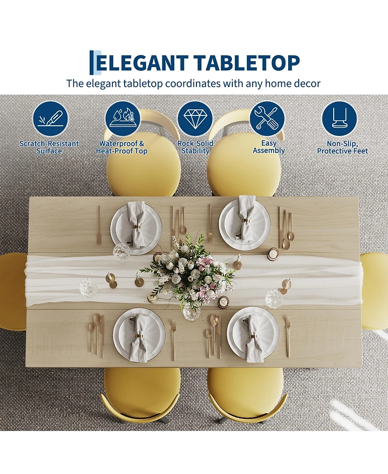 gaomon 71" Wood Dining Table for 6-8 People, Rectangular Kitchen with Metal Legs, Curved Edges and Recessed Footrest Room