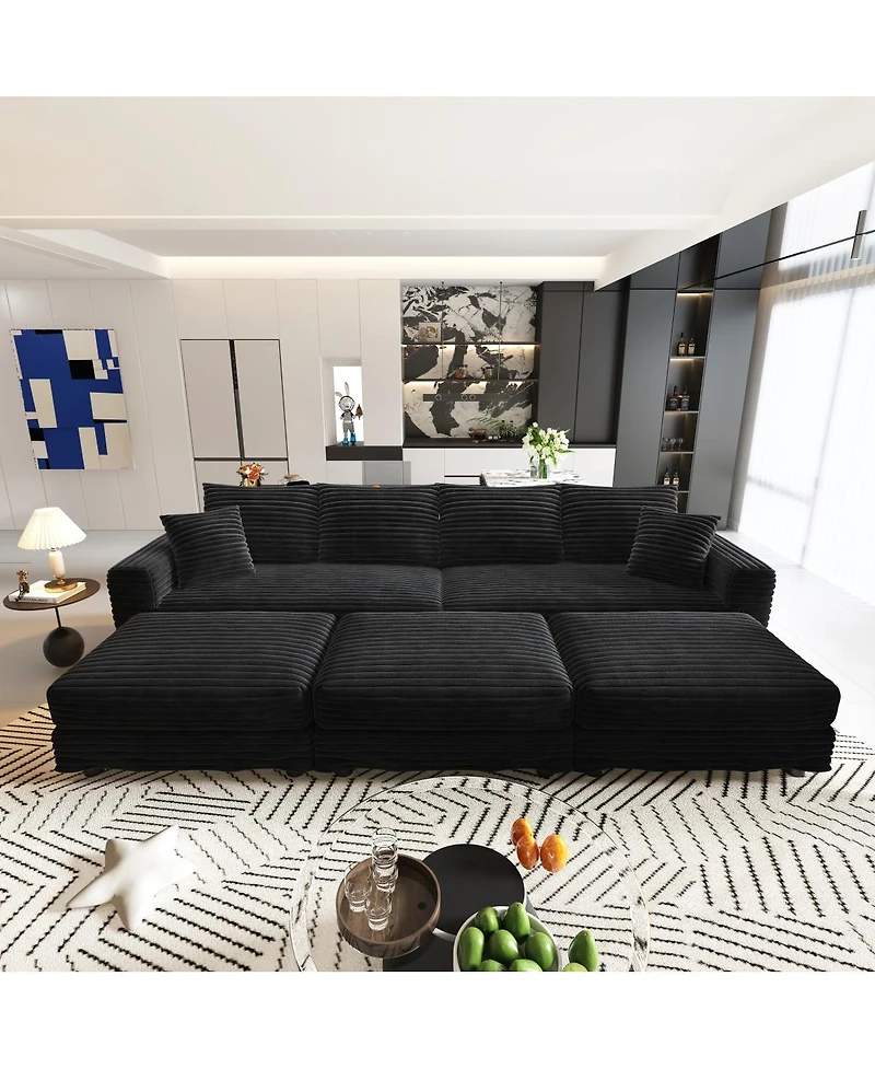 Streamdale Furniture 102.4" Modern Plush Corduroy 4-Seat Cloud Sofa with 3 Ottomans