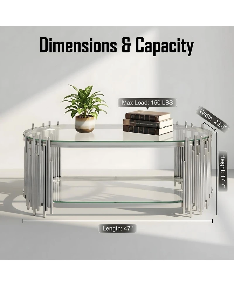 Streamdale Furniture Luxury Silver 2-Tier Oval Glass Coffee Table with Stainless Steel Frame