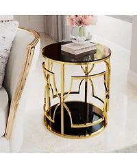Streamdale Furniture 19.7" Luxury Gold Round Side Table with Tempered Glass Top and Storage Shelf
