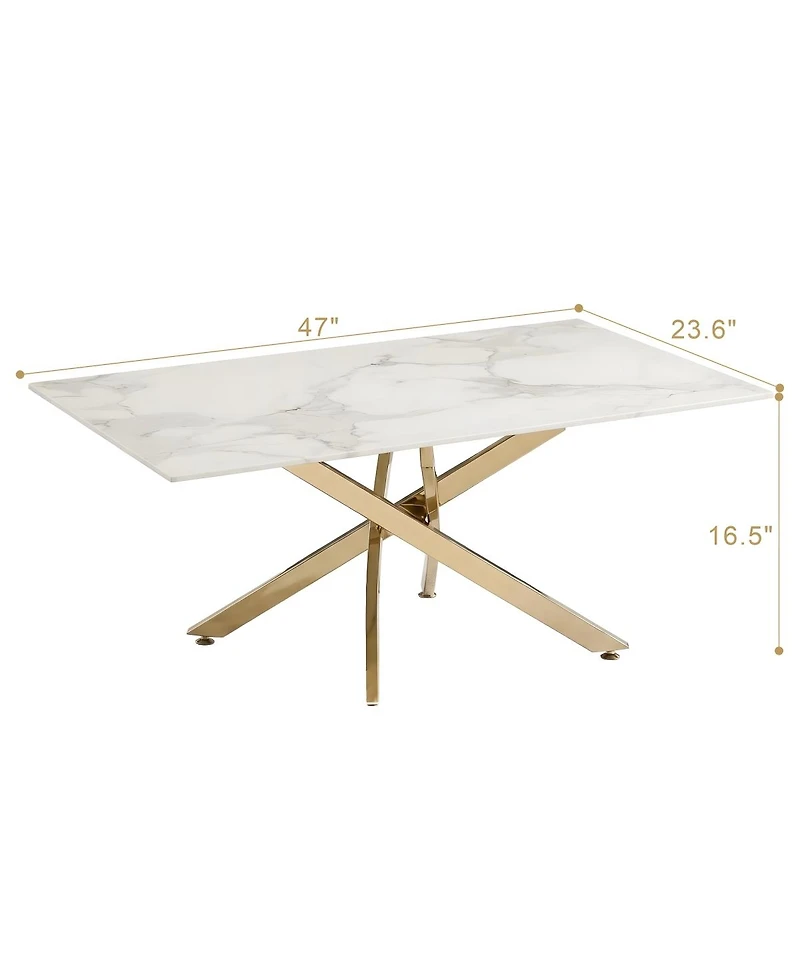 Streamdale Furniture Faux Marble and Gold Rectangular Coffee Table with Tempered Glass Top