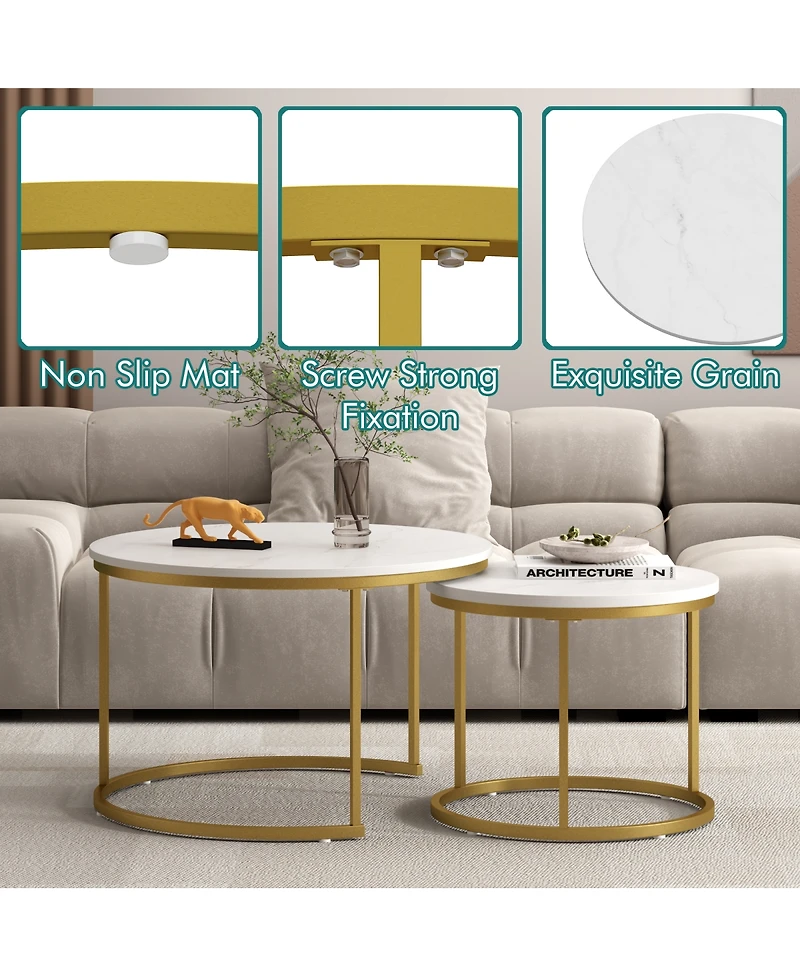 Streamdale Furniture 27.6in Round Nesting Coffee Table Set of 2, Wood Marble Top with Metal Frame