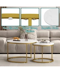 Streamdale Furniture 27.6in Round Nesting Coffee Table Set of 2, Wood Marble Top with Metal Frame