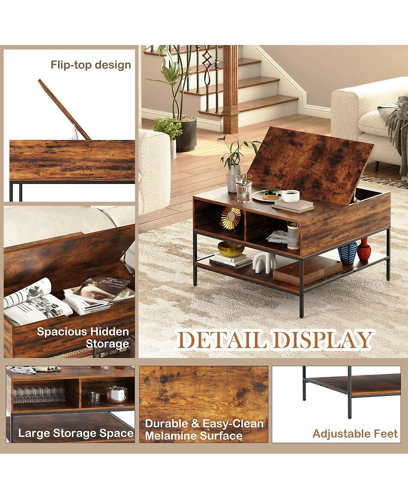 Streamdale Furniture Farmhouse Flip Top Coffee Table with Hidden Storage - 31.5" Rustic Wood