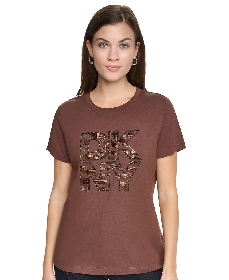 Dkny Jeans Women's Distressed Rhinestone Logo Crewneck T-Shirt