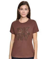 Dkny Jeans Women's Distressed Rhinestone Logo Crewneck T-Shirt
