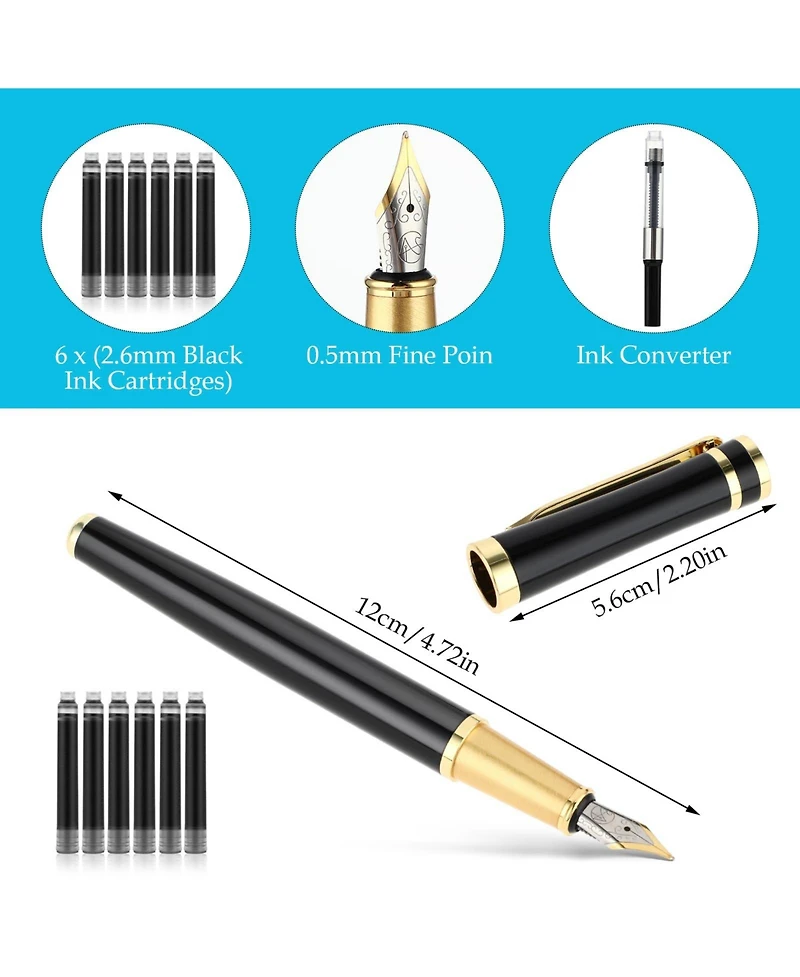Danrong Luxury Metal Fountain Pen Set 0.5mm Fine Nib 6 Black Ink Cartridges Smooth Writing Gift for Business Office Journaling